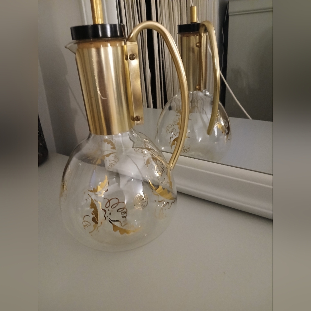 PYREX Vintage glass pitcher Coppertone metallic graphics cork top metal handle